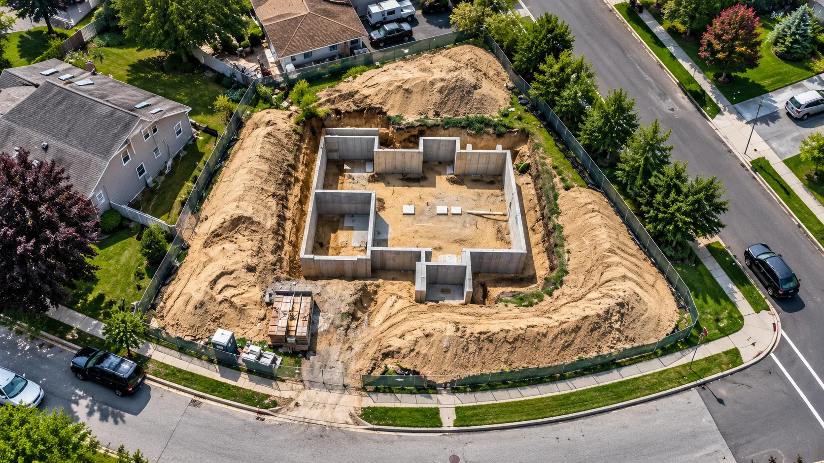 Aerial view of a residential foundation at a corner lot